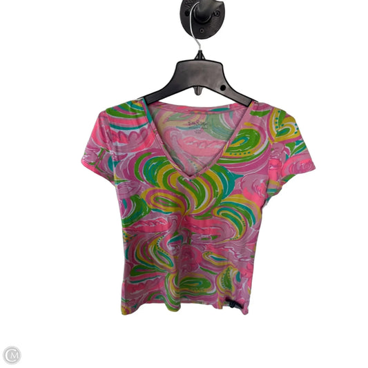 Top Short Sleeve Designer By Lilly Pulitzer In Green & Pink, Size: S